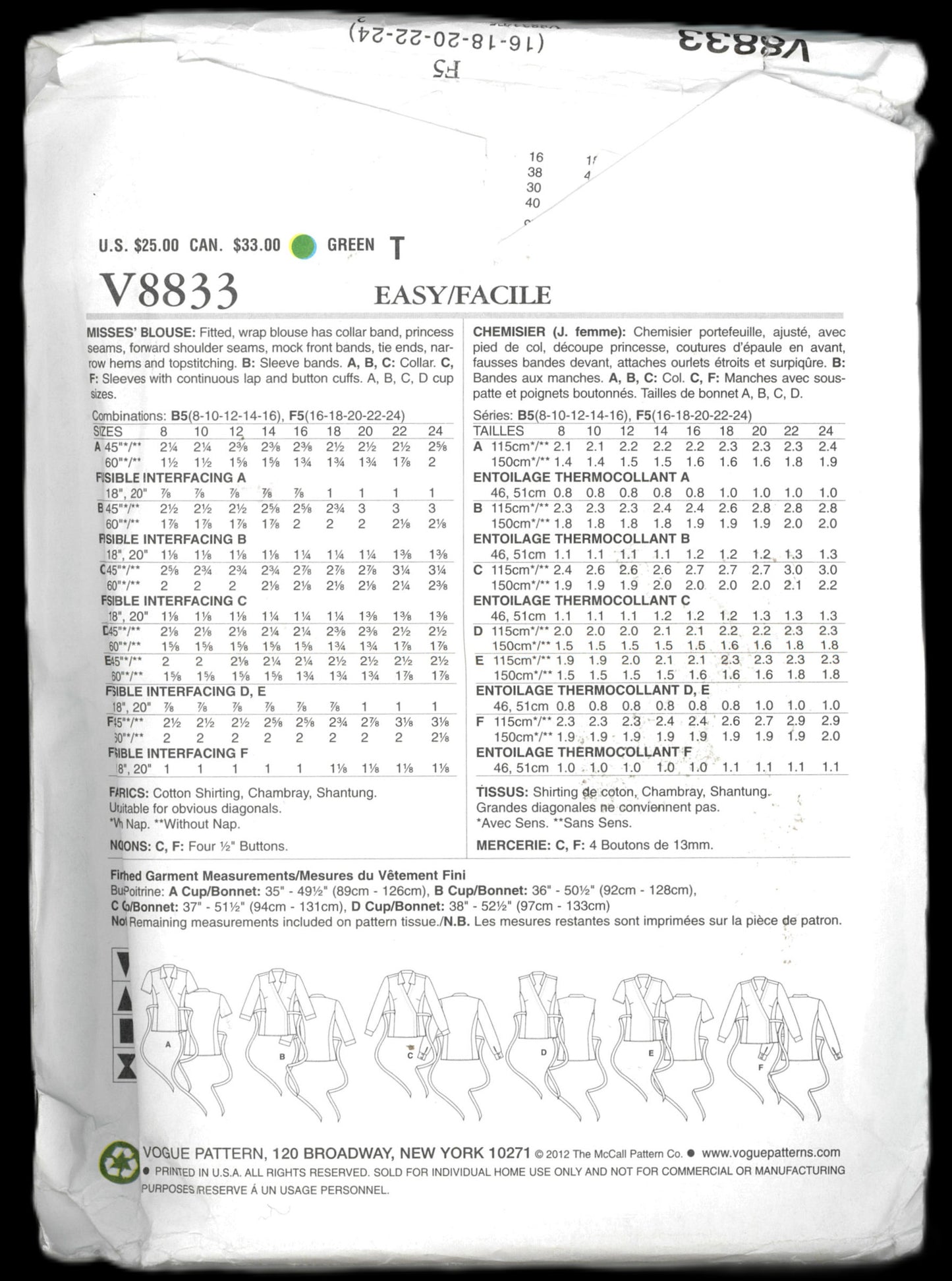 Vogue Options 8833 Misses Blouse Sewing Pattern - UNCUT - Size 16 18 20 22 24