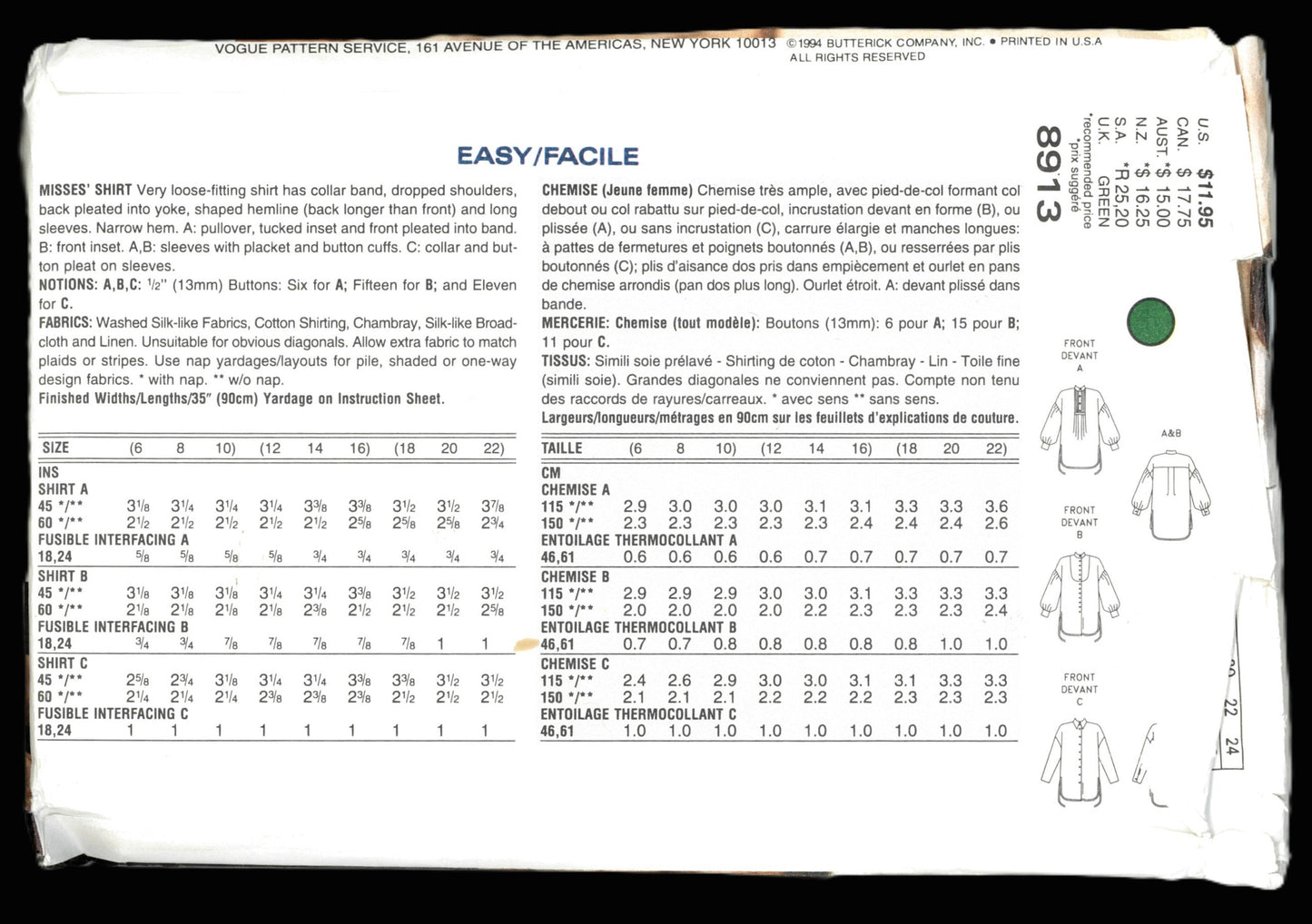 Vogue 8913 Misses Shirt Sewing Pattern - UNCUT - Size 6 8 10