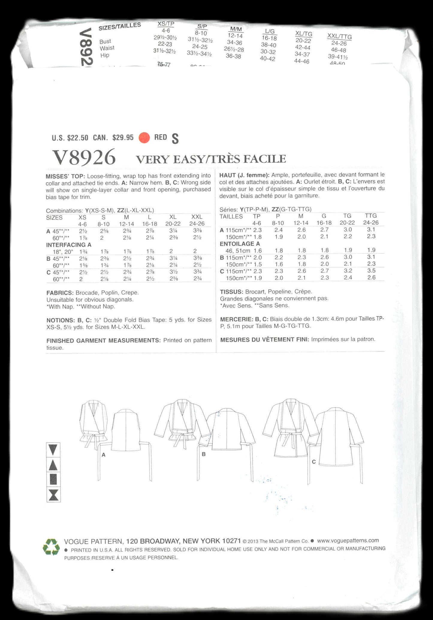 Vogue 8926 Misses Top Sewing Pattern - UNCUT - Size Lrg Xlg Xxl