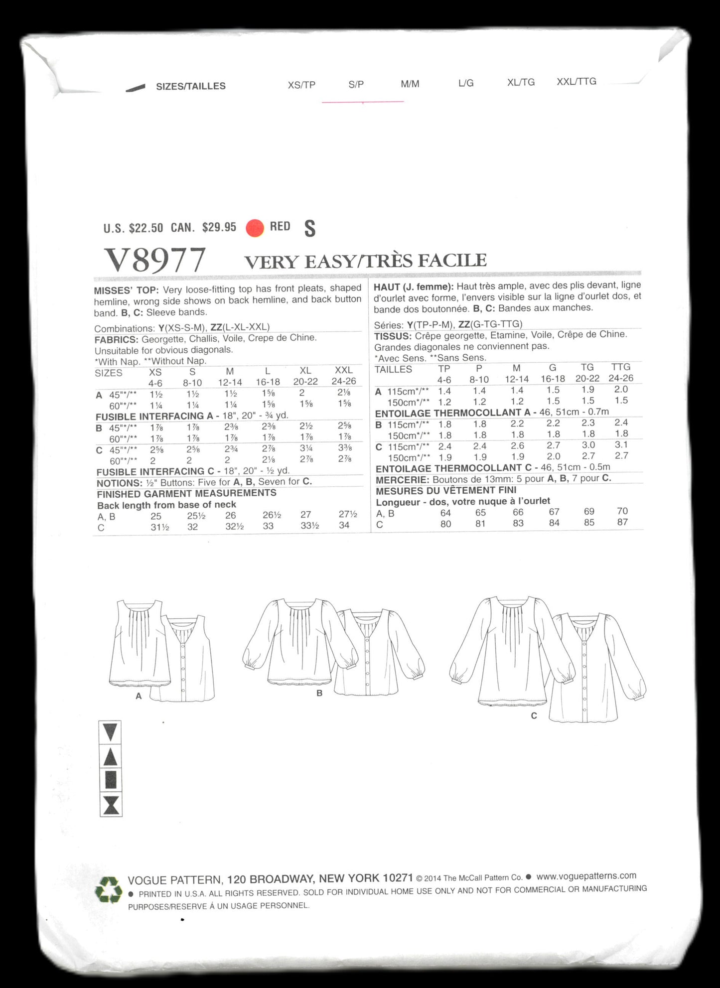 Vogue 8977 Misses Top Sewing Pattern - UNCUT - Size Lrg Xlg Xxl