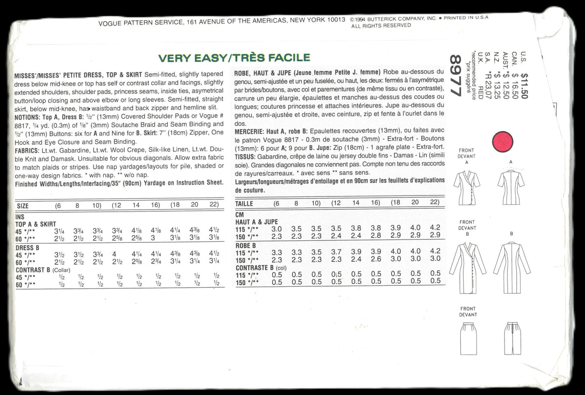 Vogue 8977 Misses / Misses Petite Dress Top and Skirt Sewing Pattern UNCUT Size 6 8 10