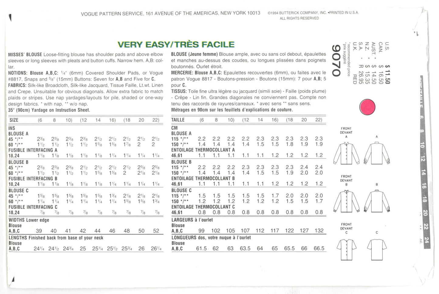 Vogue 9070 Misses Blouse Sewing Pattern - UNCUT - Size 12 14 16