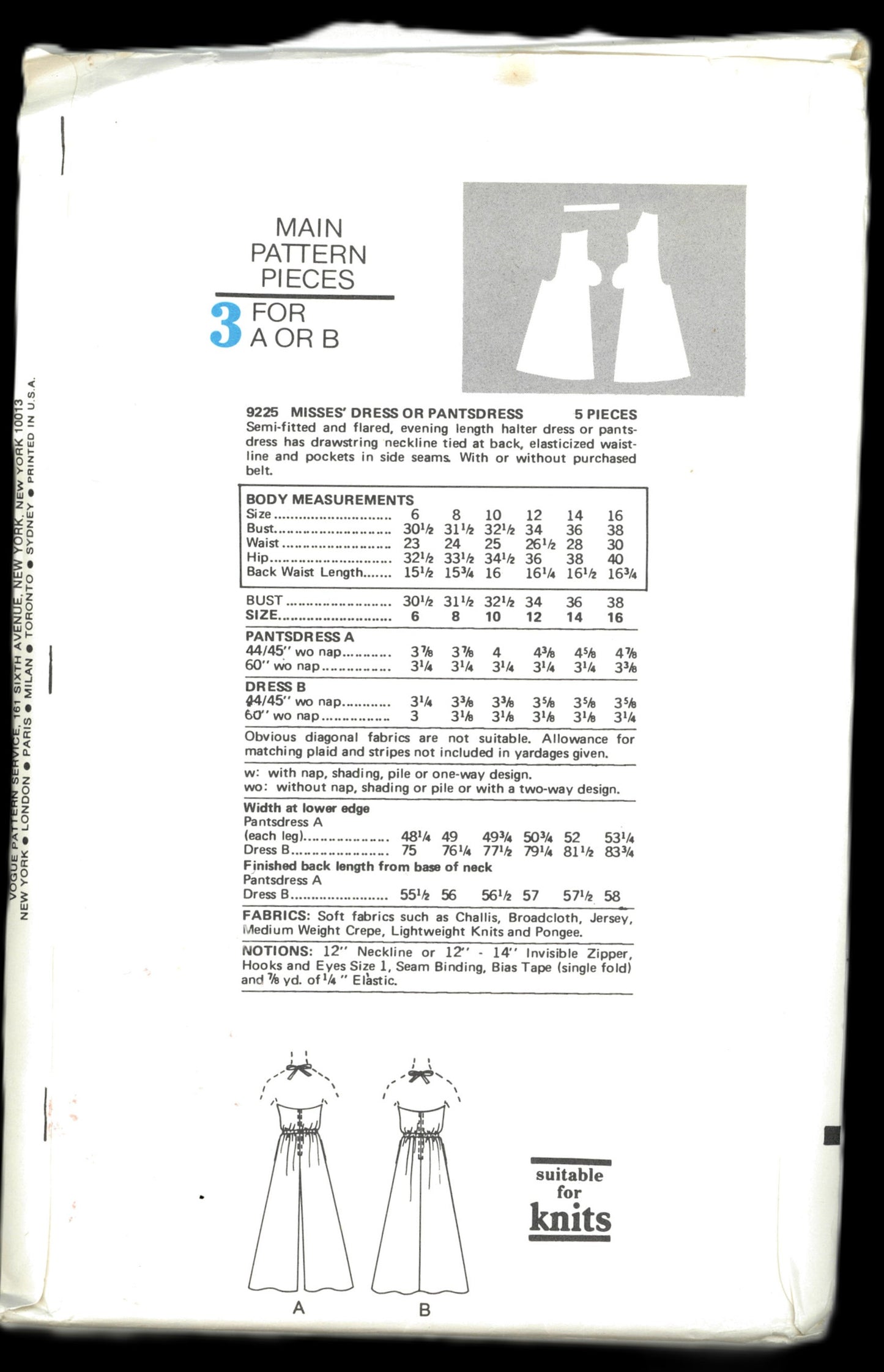 Vogue 9225 Misses Dress or Pantdress Sewing Pattern UNCUT Size 6 or Size 16