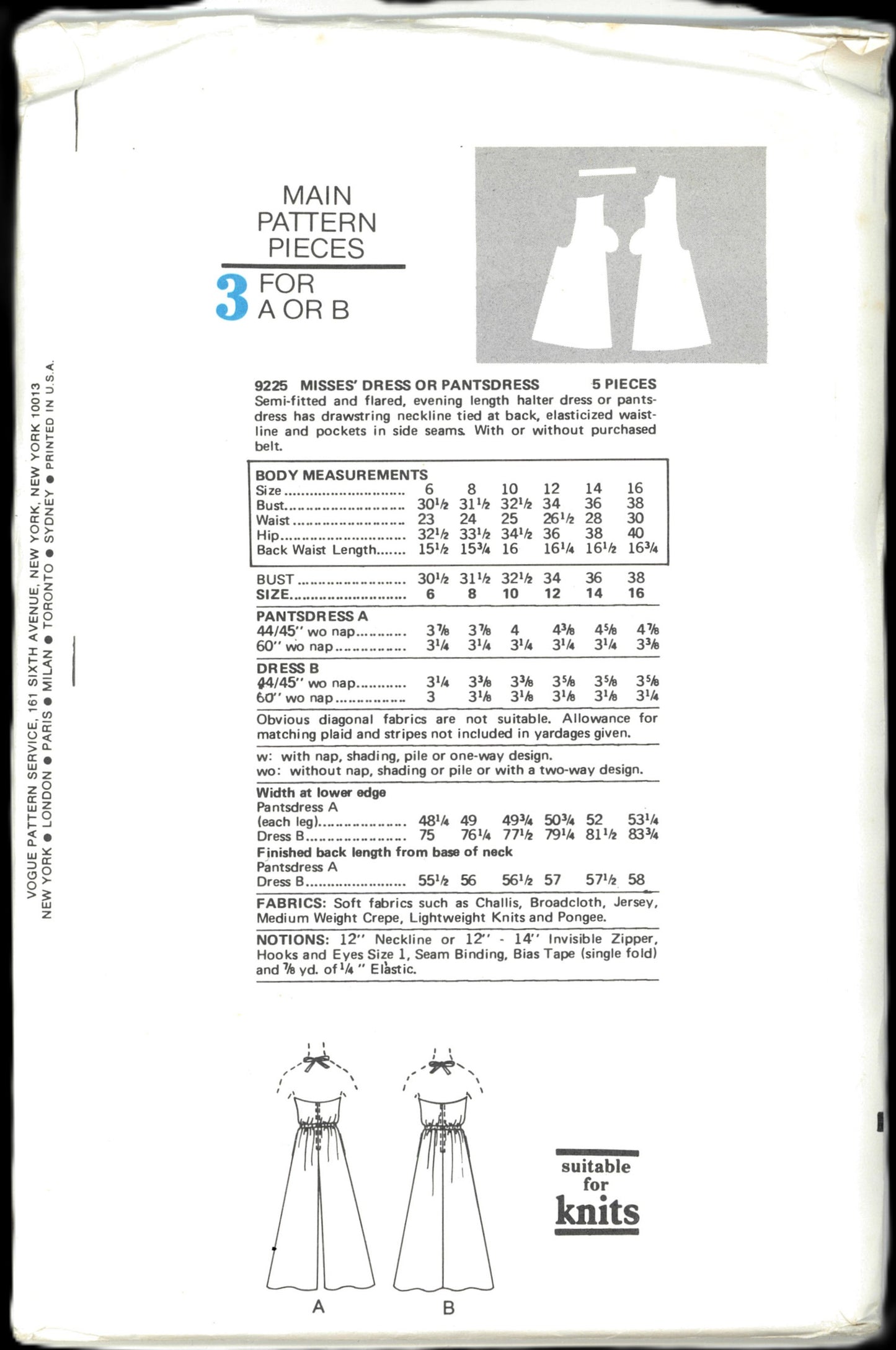 Vogue 9225 Misses Dress or Pantdress Sewing Pattern UNCUT Size 6 or Size 16
