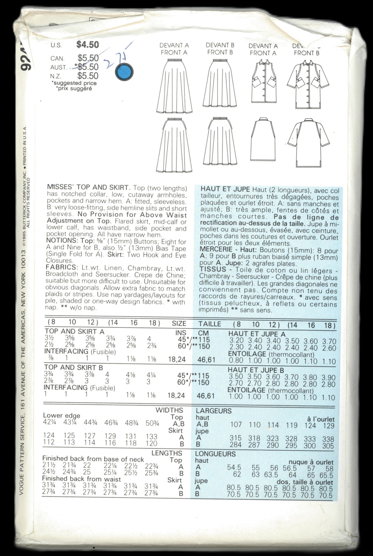 Vogue 9245 Misses Top and Skirt Sewing Pattern - UNCUT - Size 8 10 12