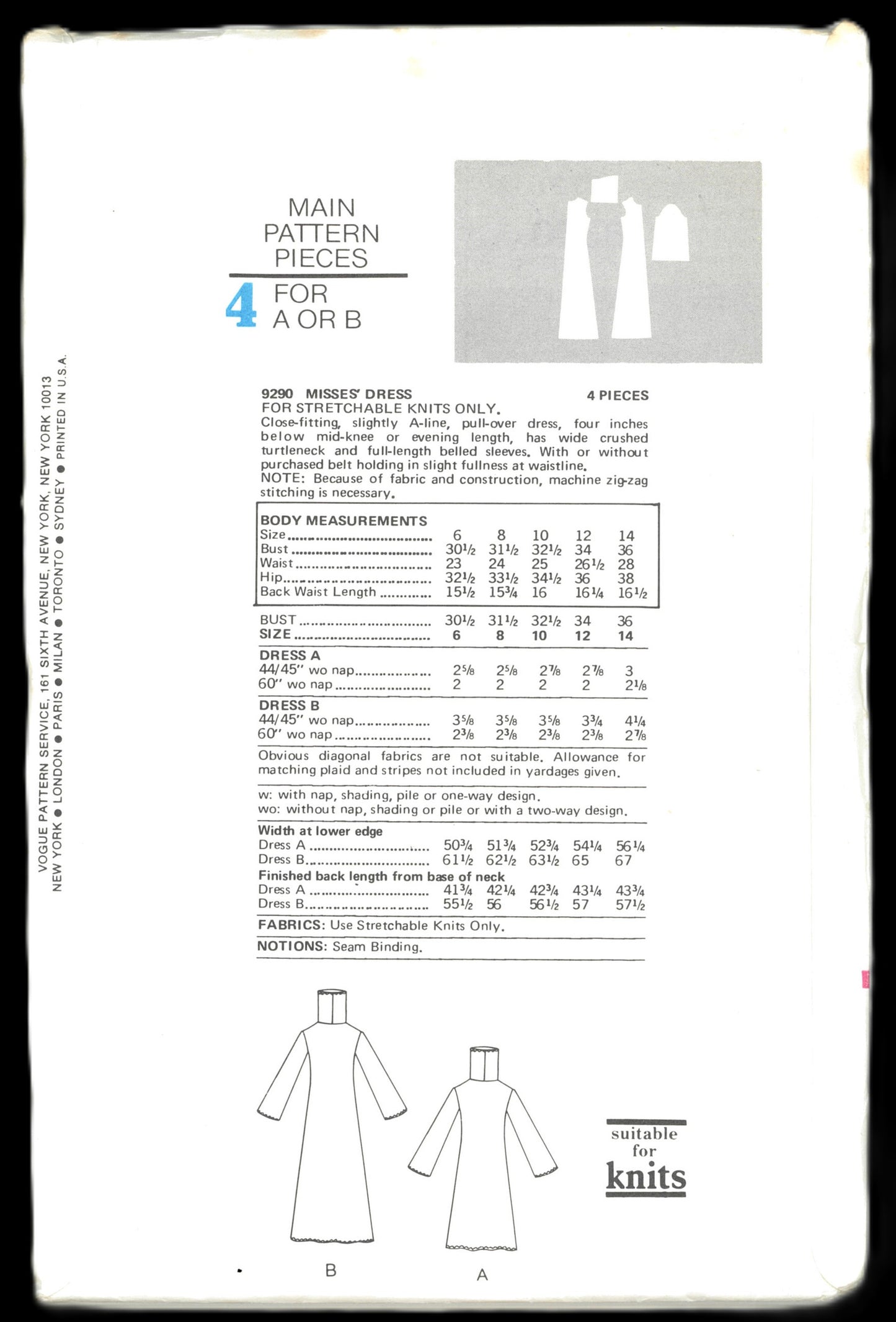 70s Vogue 9290 Misses Dress Sewing Pattern - UNCUT - Size 6 or Size 8
