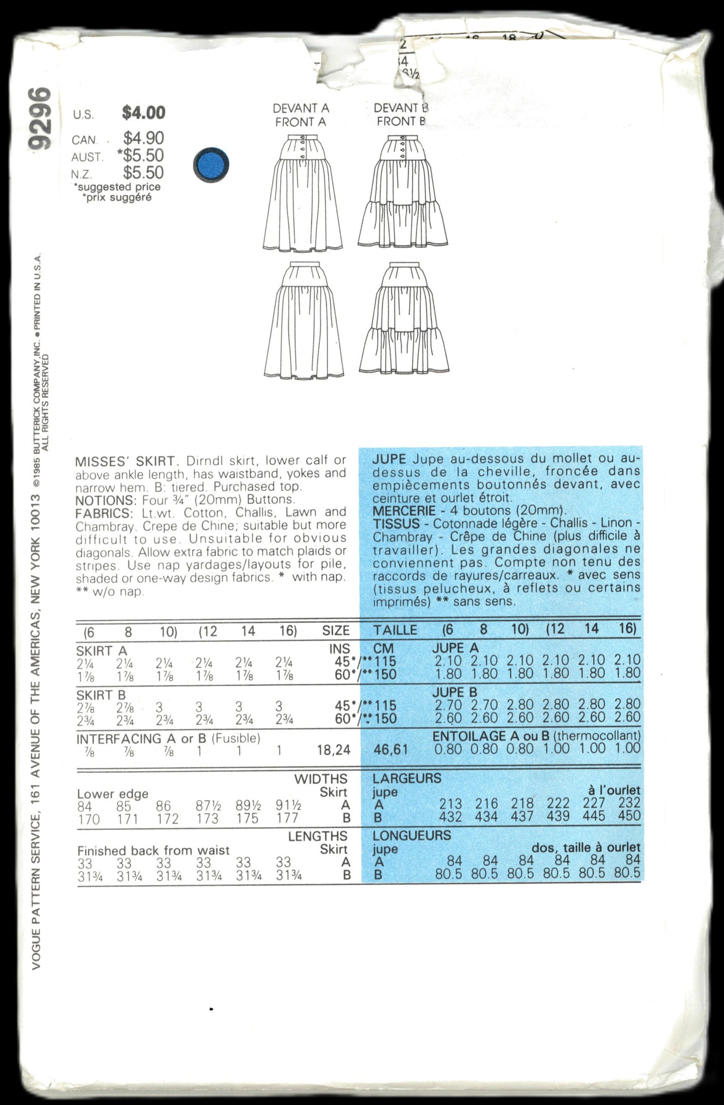 Vogue 9296 Misses Skirt Sewing Pattern UNCUT Size 6 8 10