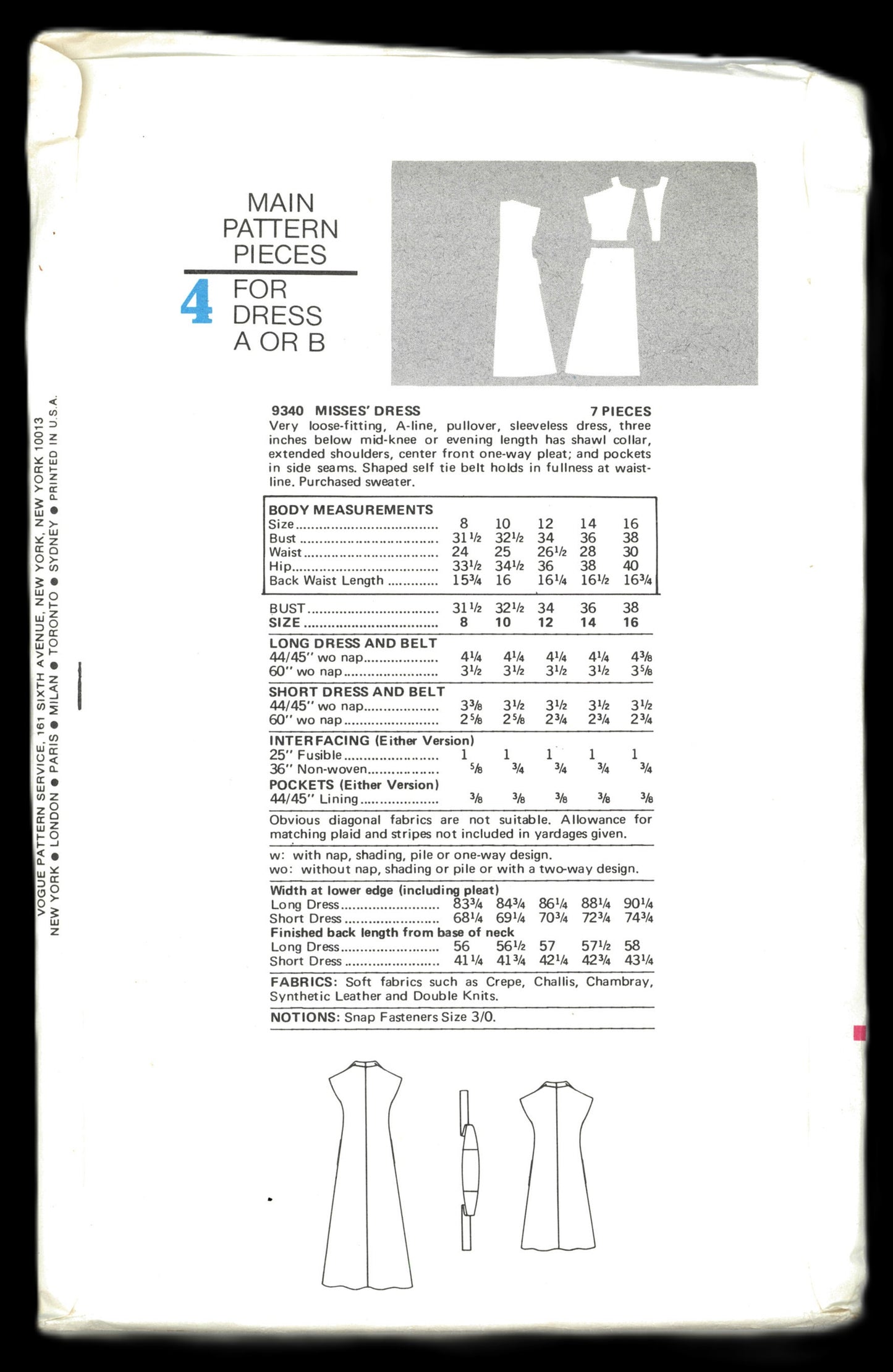 70s Vogue 9340 Misses Dress Sewing Pattern - UNCUT - Size 16