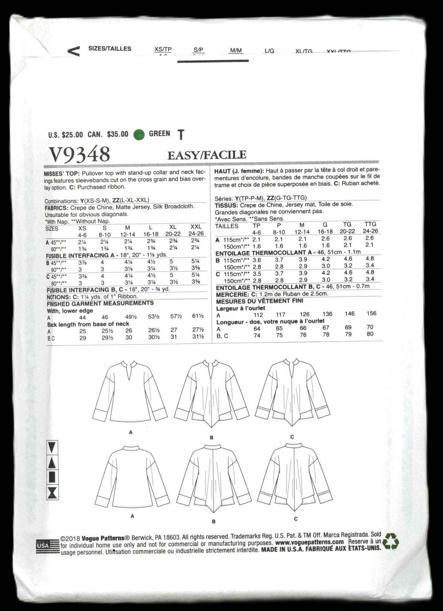 Vogue 9348 Misses Top Sewing Pattern - UNCUT - Size Lrg Xlg Xxl