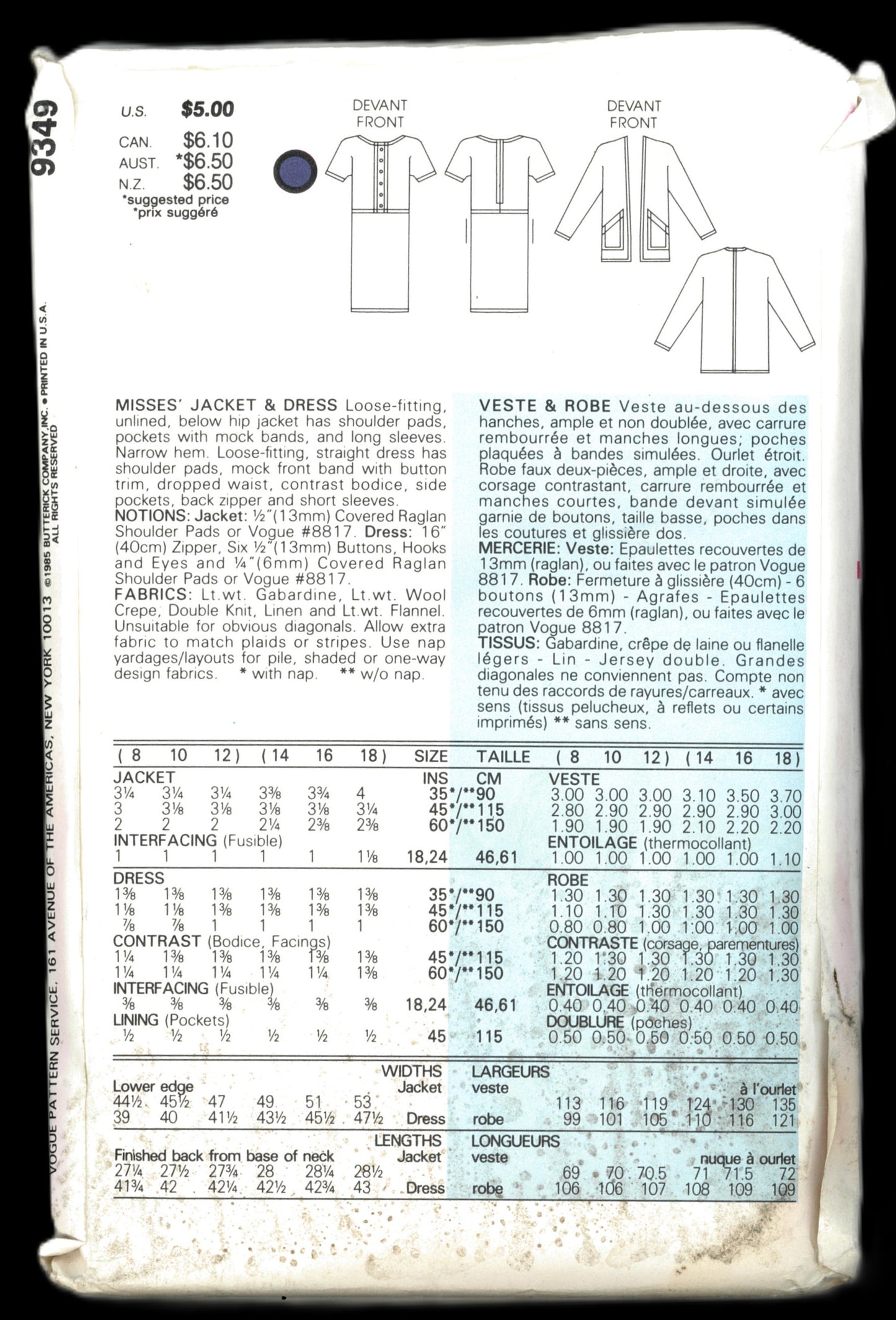 Vogue 9349 Misses Jacket and Dress Sewing Pattern - UNCUT - Size 14 16 18