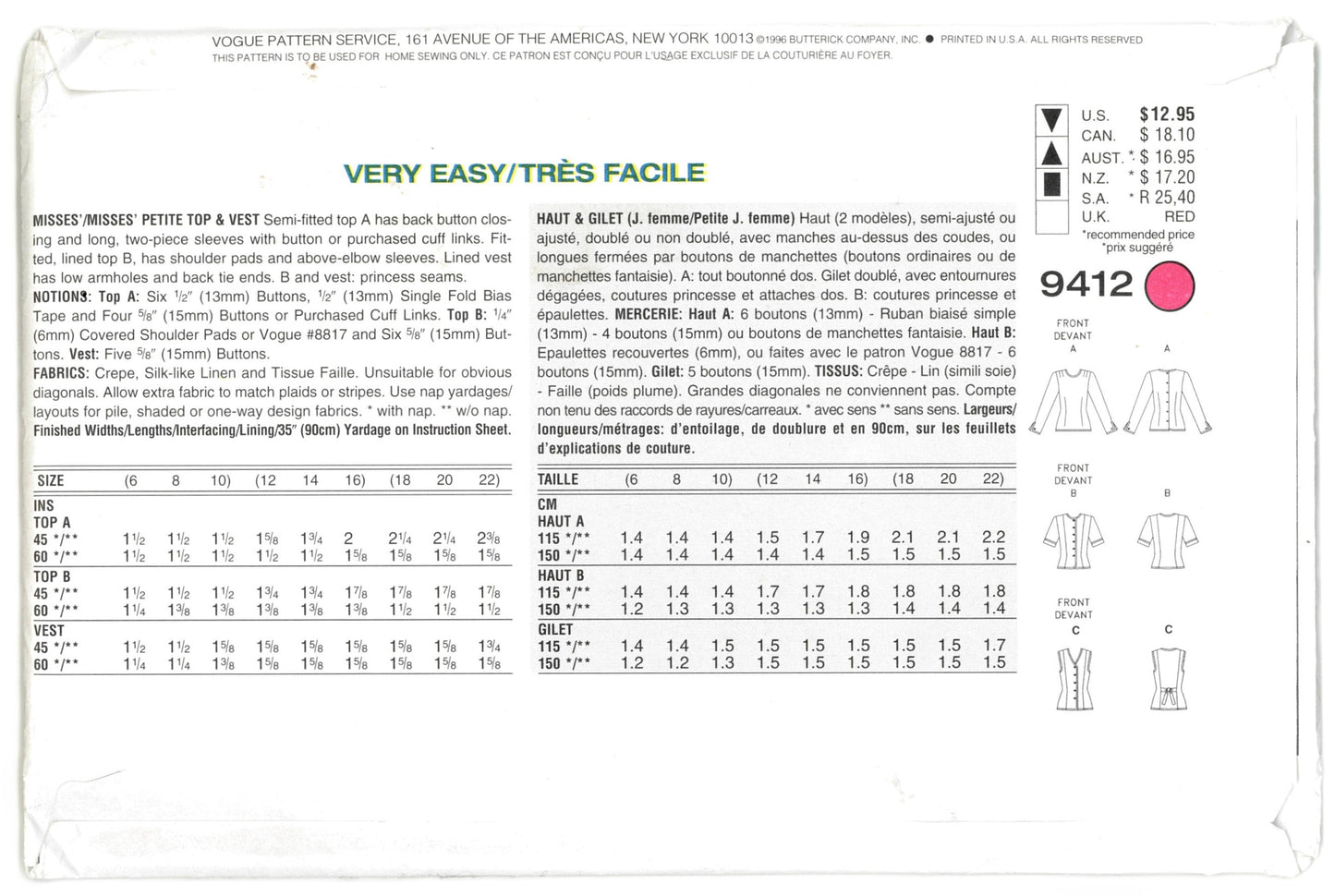 Vogue 9412 Misses / Miss Petite Top and Vest Sewing Pattern - UNCUT - Size 6 8 10