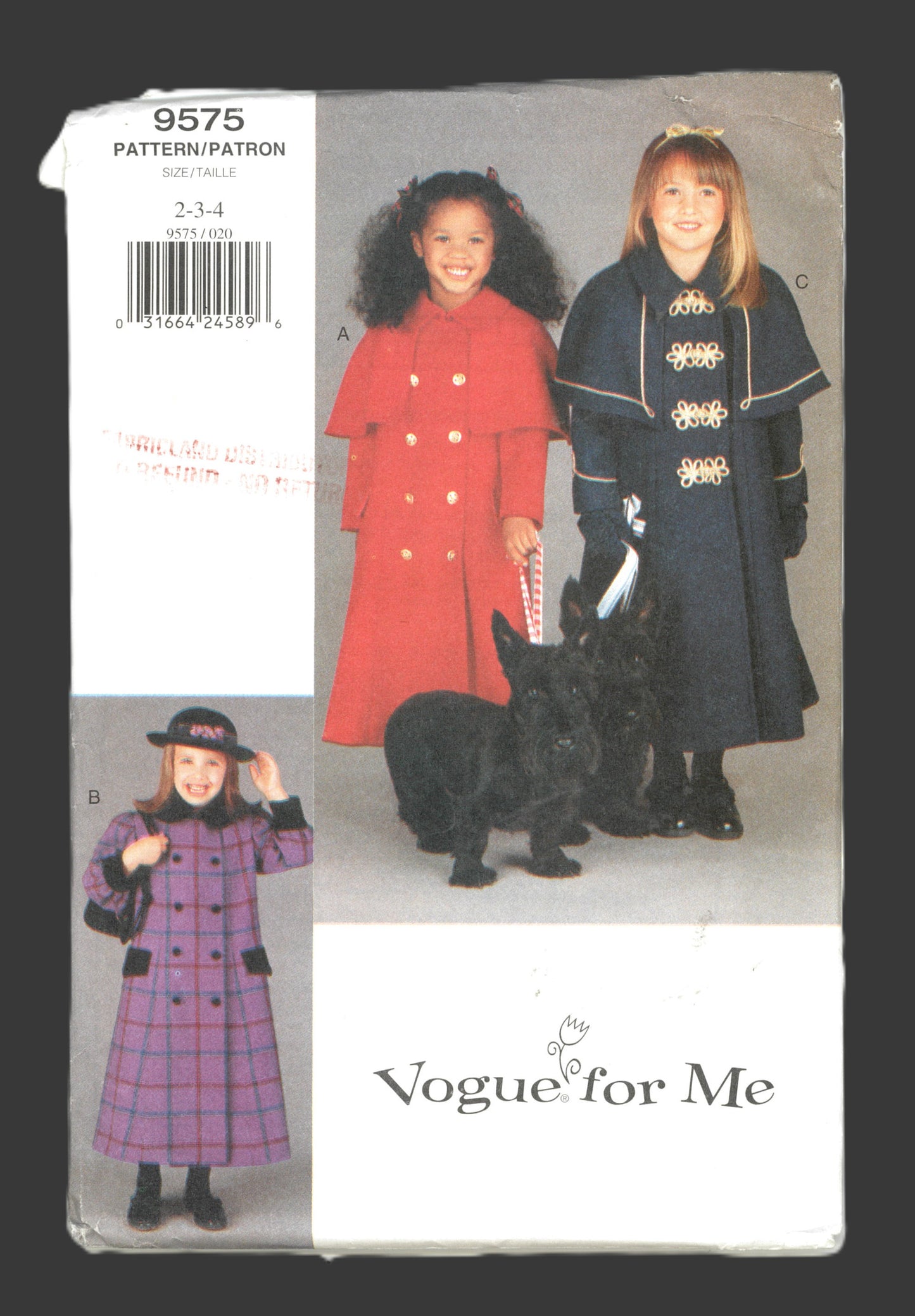 Vogue 9575  Vogue for Me Childrens Girls Coat Sewing Pattern - UNCUT - Size 2 3 4
