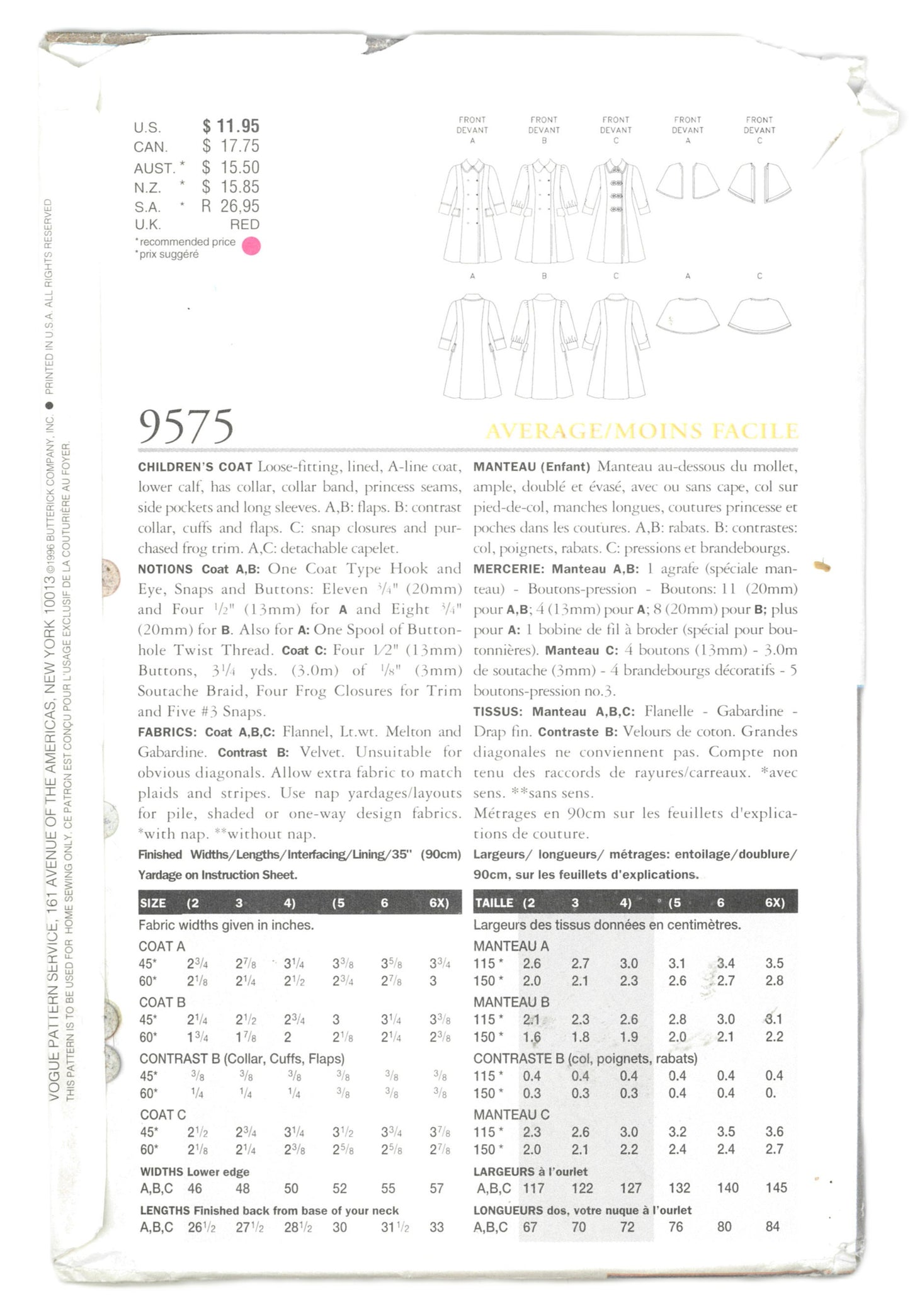 Vogue 9575  Vogue for Me Childrens Girls Coat Sewing Pattern - UNCUT - Size 2 3 4