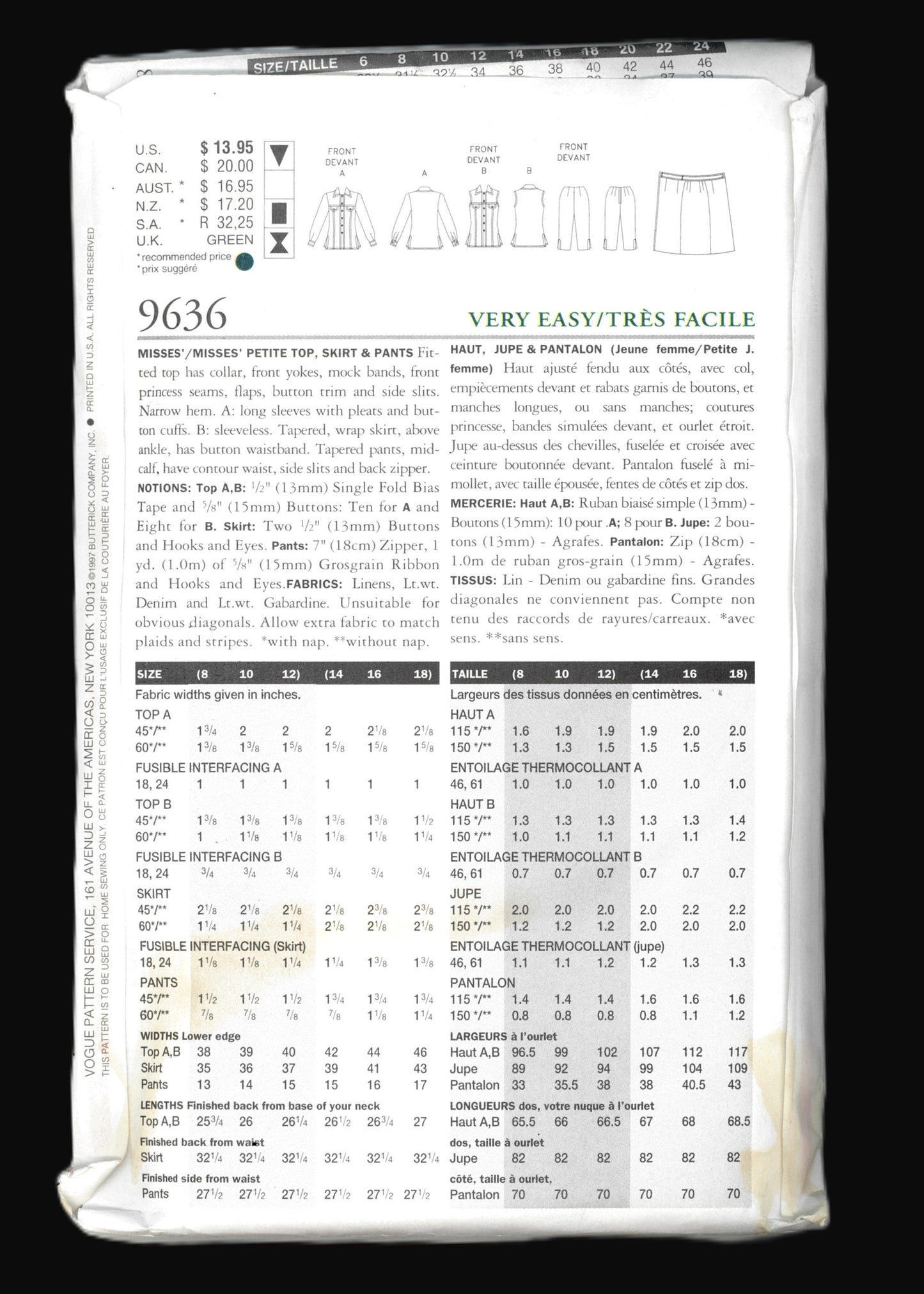 Vogue 9636 Misses / Misses Petite Top Skirt and Pants Sewing Pattern - UNCUT - Size 8 10 12