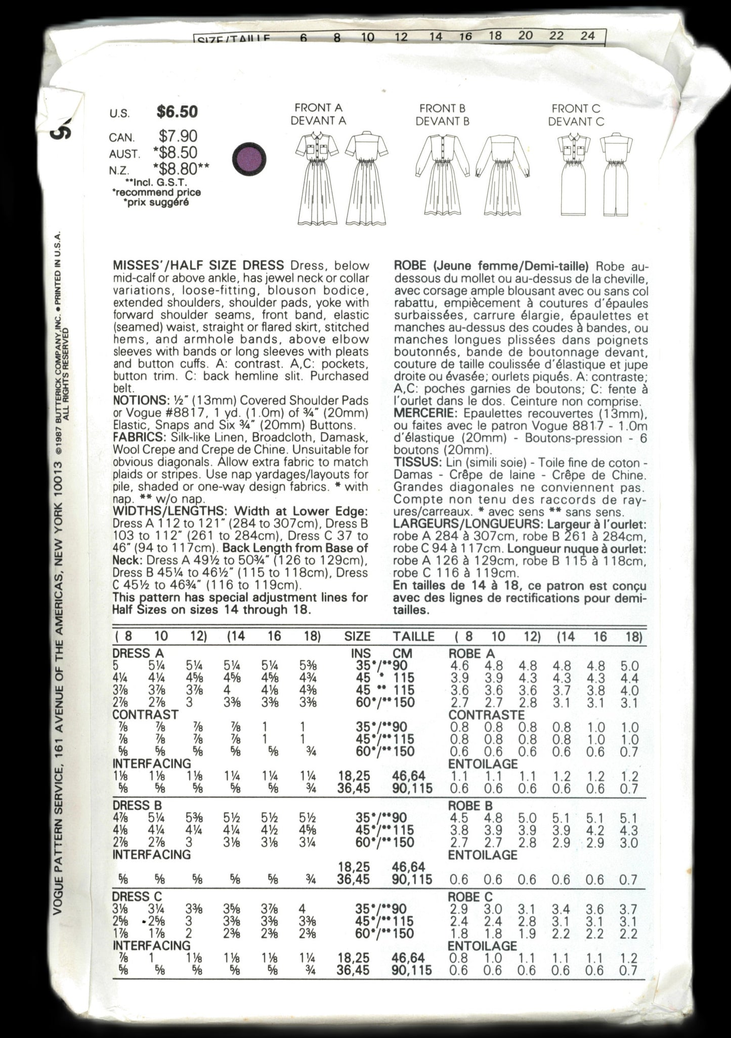 Vogue 9872 Misses / Half Size  Dress Sewing Pattern - UNCUT - Size 8 10 12