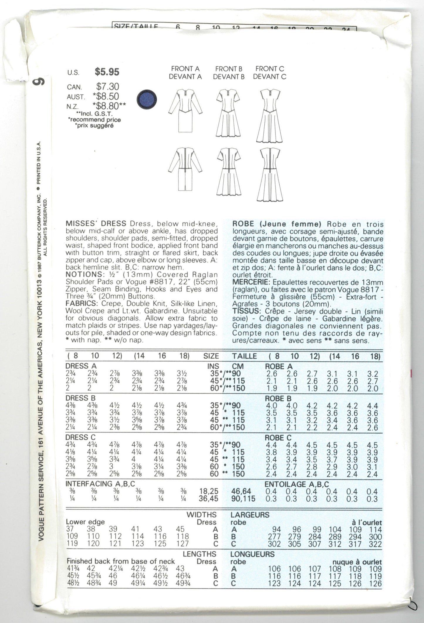 Vogue 9911 Misses Dress Sewing Pattern - UNCUT - Size 8 10 12