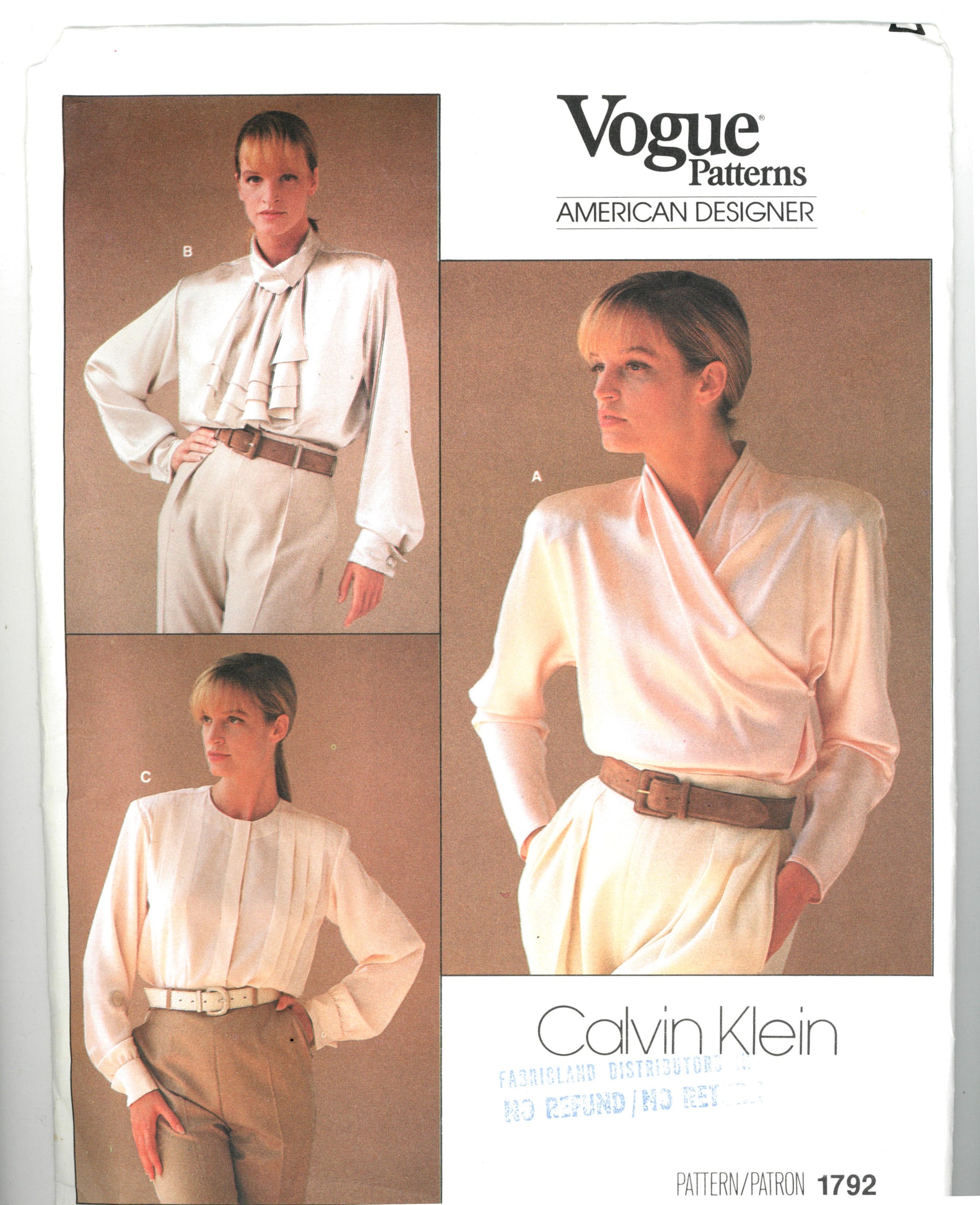 Vogue 1792 Calvin Klein American Designer Misses Blouse Sewing Pattern - UNCUT - Size 12