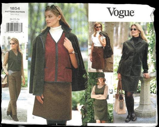 Vogue 1854 Misses /  Miss Petite Jacket Vest Jumper Skirt and Pants Sewing Pattern - UNCUT - Size 20 22 24