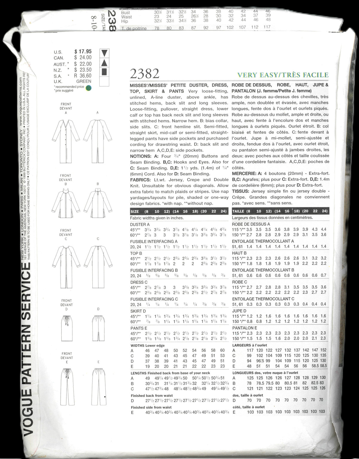 Vogue 2382 Misses / Misses Petite Duster Dress Top Skirt and Pants Sewing Pattern - UNCUT - Size 8 10 12 or&nbsp; Size 20 22 24