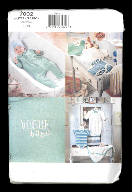 Vogue 7002 Infants Gown Jumpsuit Romper Hat Diaper Cover Bib & Towel Sewing Pattern - UNCUT - Size L, XL