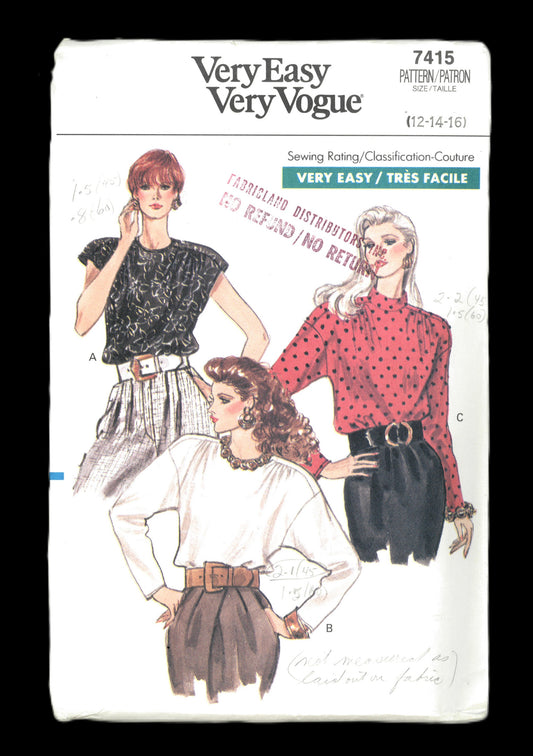 Vogue 7415 Misses / Misses Petite Blouse Sewing Pattern - UNCUT - Size 12 14 16