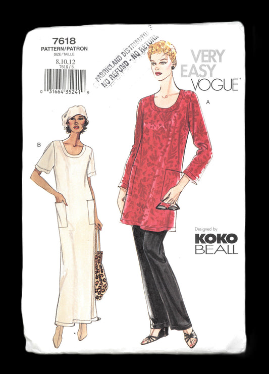 Vogue 7618 Koko Beall Misses / Misses Petite Dress Top and Pants Sewing Pattern UNCUT Size 8 10 12