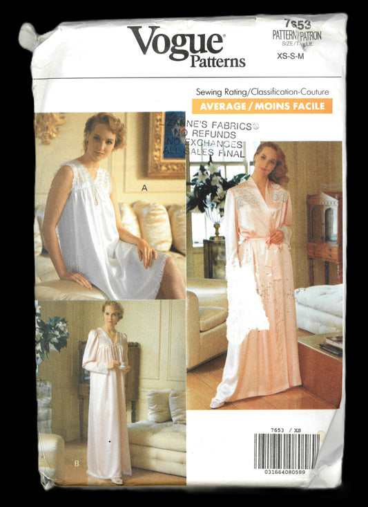Vogue 7653 Misses Nightgown and Robe Sewing Pattern  - UNCUT Size XS S M
