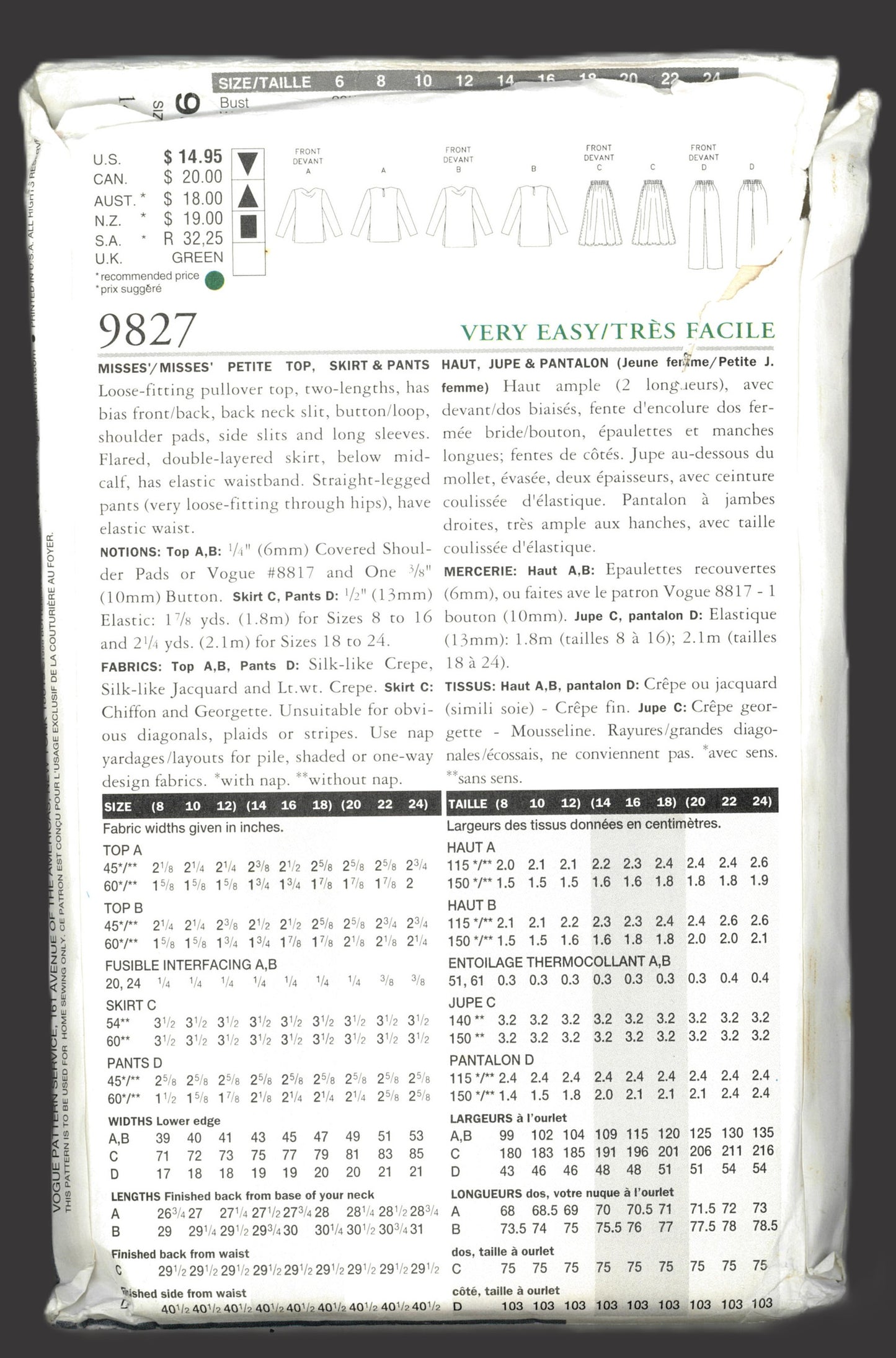 Vogue 9827 The Vogue Woman Misses / Misses Petite Top Skirt and Pants Sewing Pattern - UNCUT - Size 14 16 18