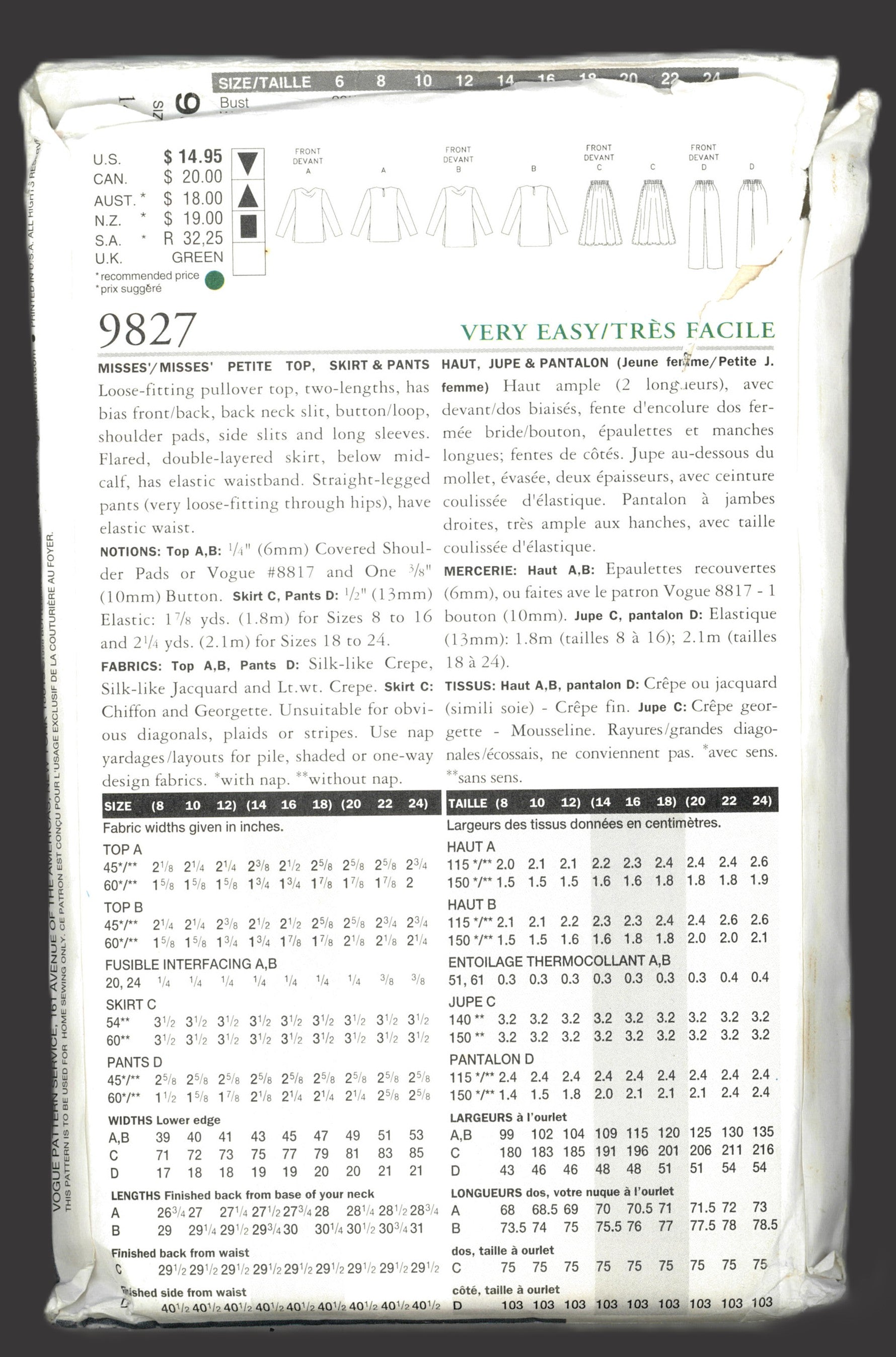 Vogue 9827 The Vogue Woman Misses / Misses Petite Top Skirt and Pants Sewing Pattern - UNCUT - Size 14 16 18