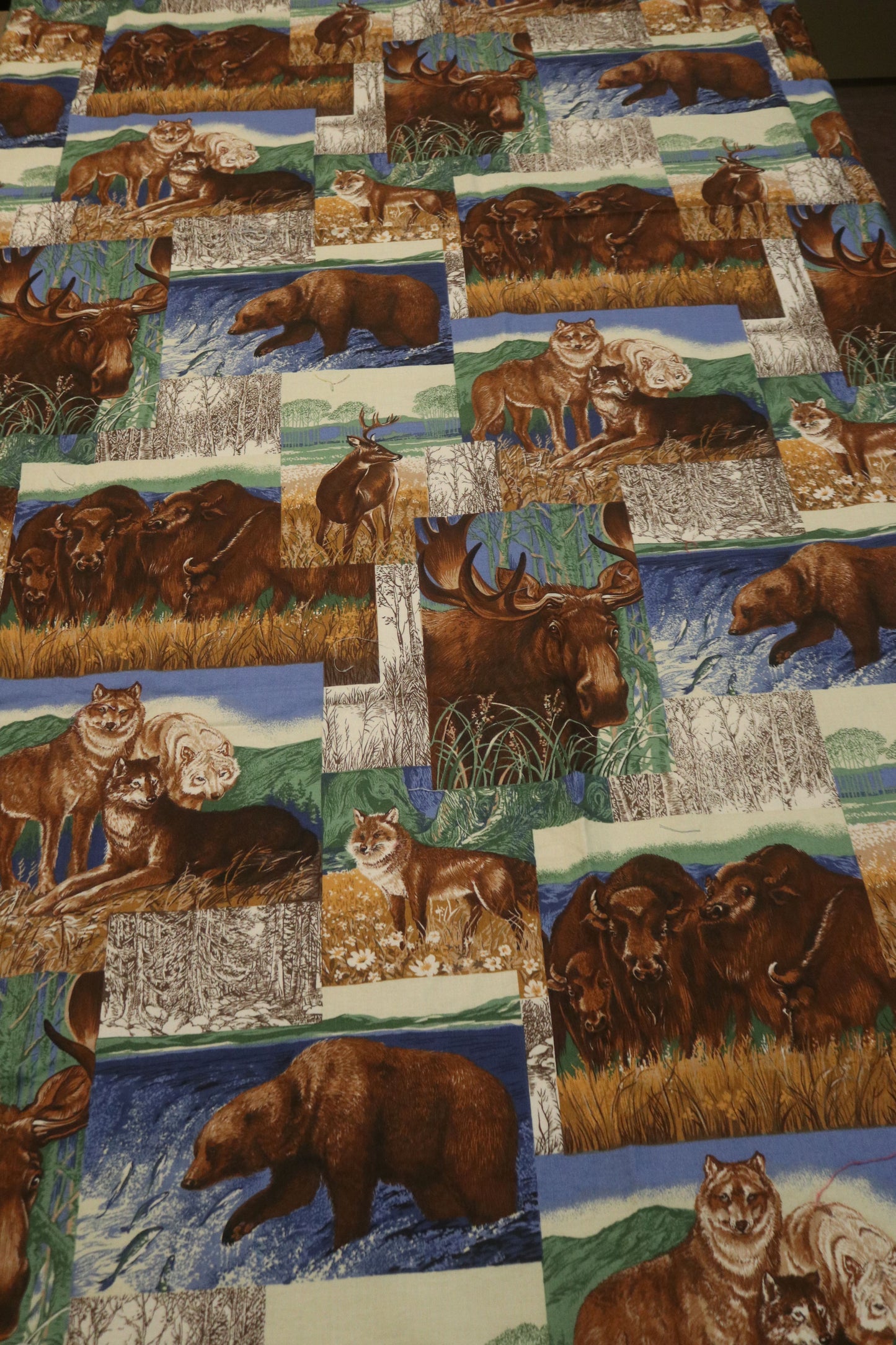 Wildlife Patchwork Fabric Featuring Moose, Bear, Wolf and Deer 62" x 44" Cranston Prints Works