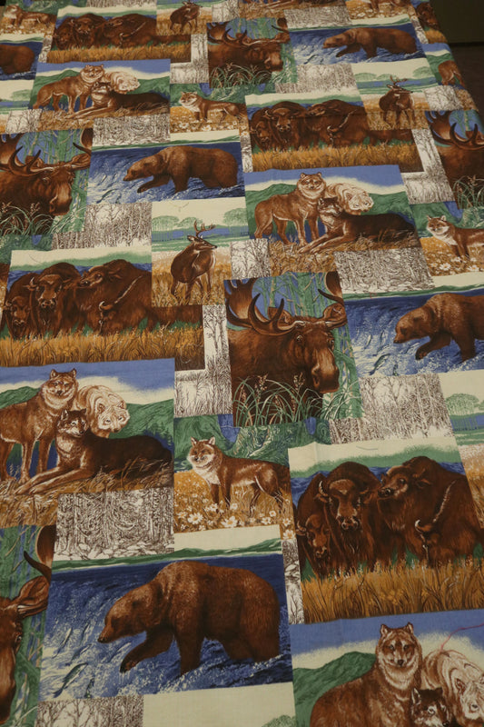 Wildlife Patchwork Fabric Featuring Moose, Bear, Wolf and Deer 62" x 44" Cranston Prints Works