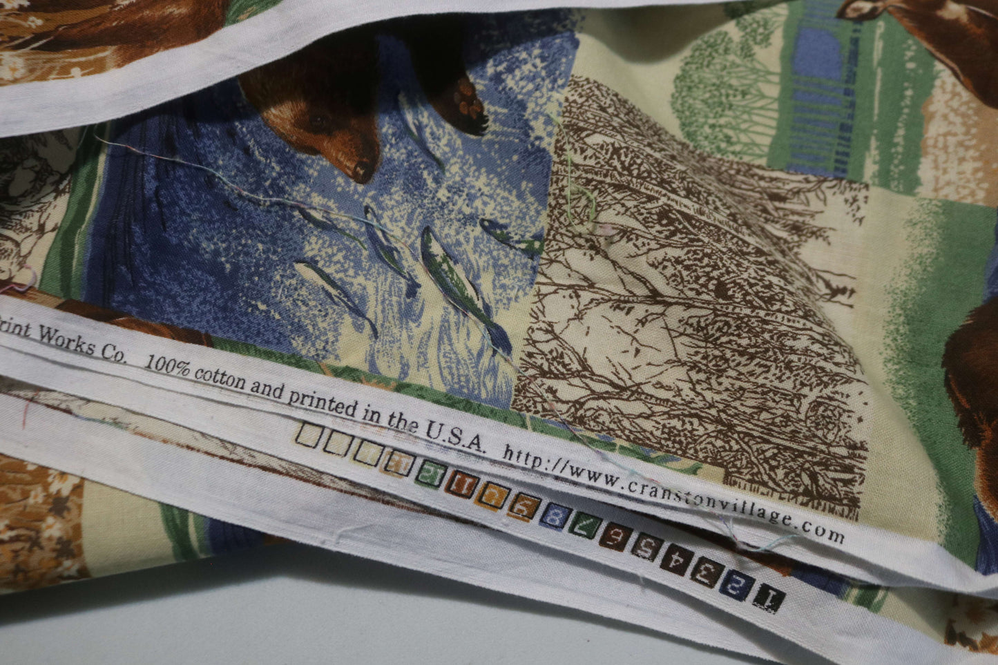 Wildlife Patchwork Fabric Featuring Moose, Bear, Wolf and Deer 62" x 44" Cranston Prints Works