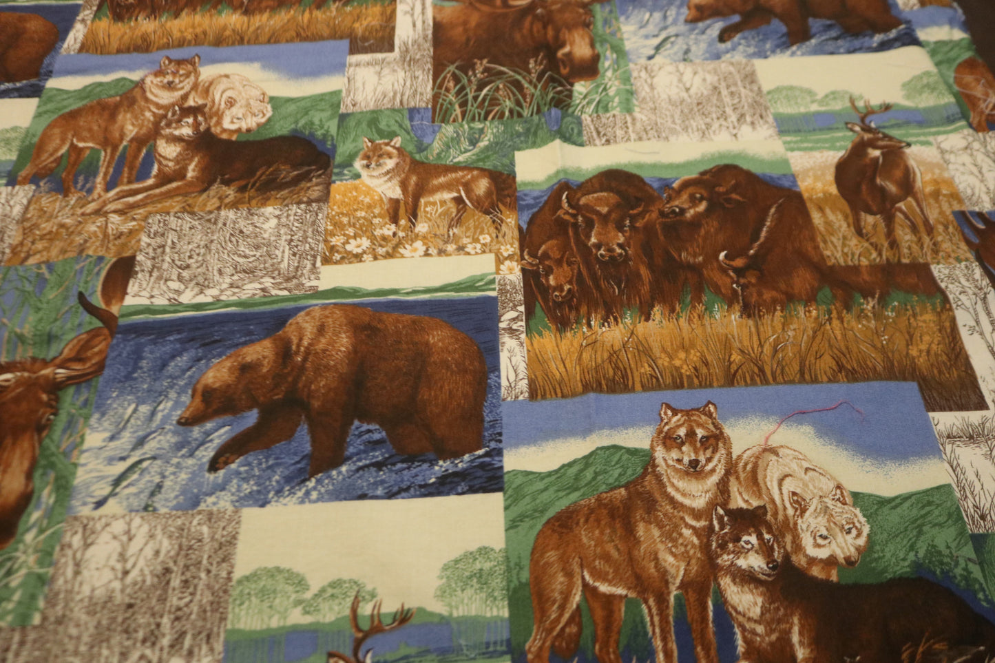Wildlife Patchwork Fabric Featuring Moose, Bear, Wolf and Deer 62" x 44" Cranston Prints Works