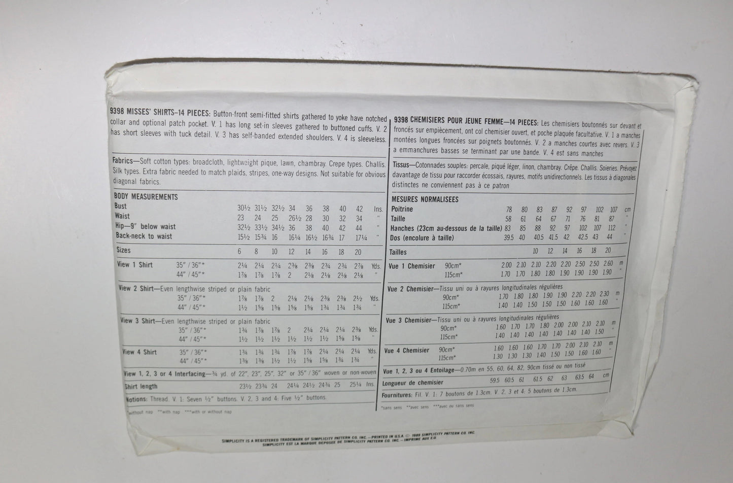 Simplicity 9398 Misses Shirts Sewing Pattern UNCUT  Size 10