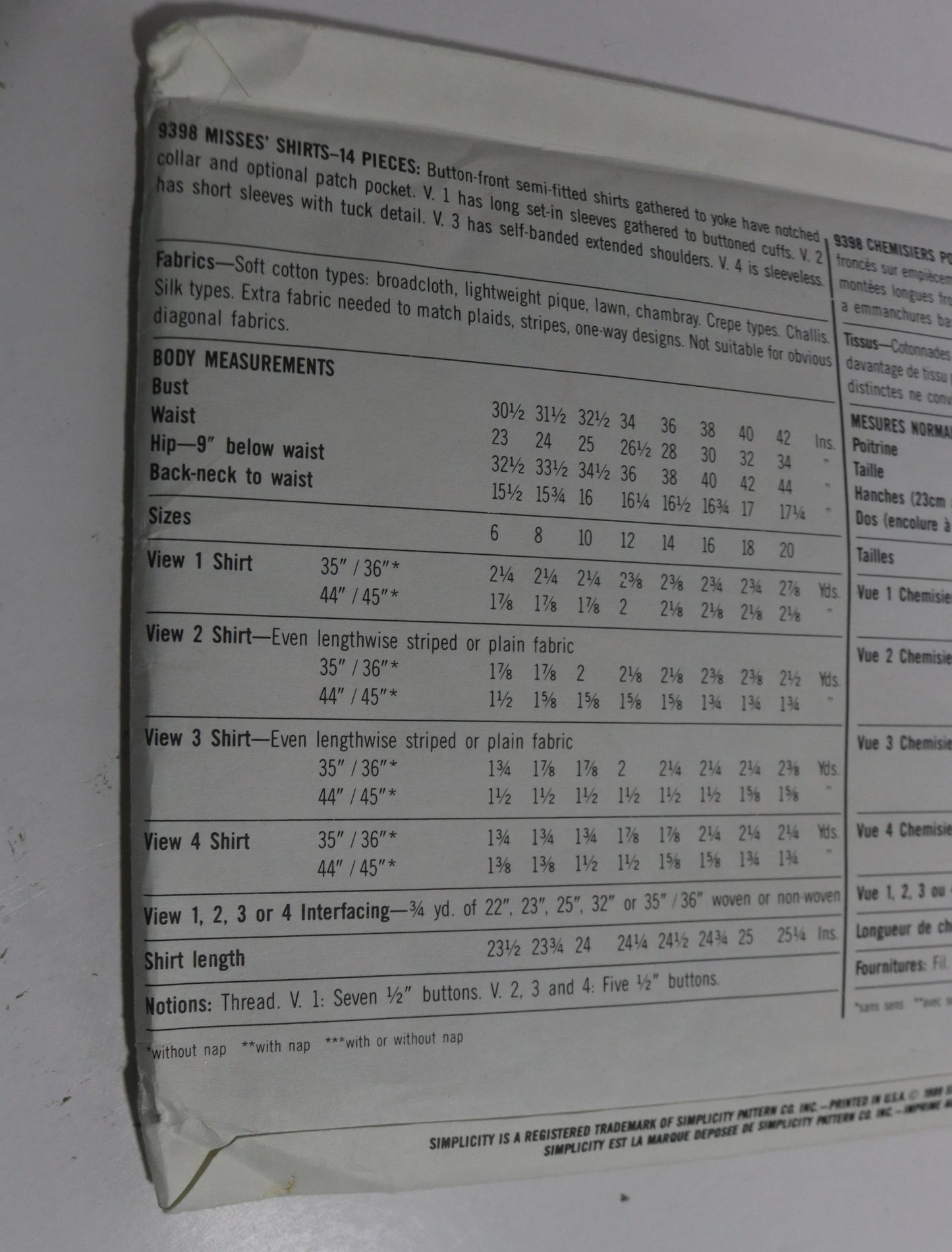 Simplicity 9398 Misses Shirts Sewing Pattern UNCUT  Size 10