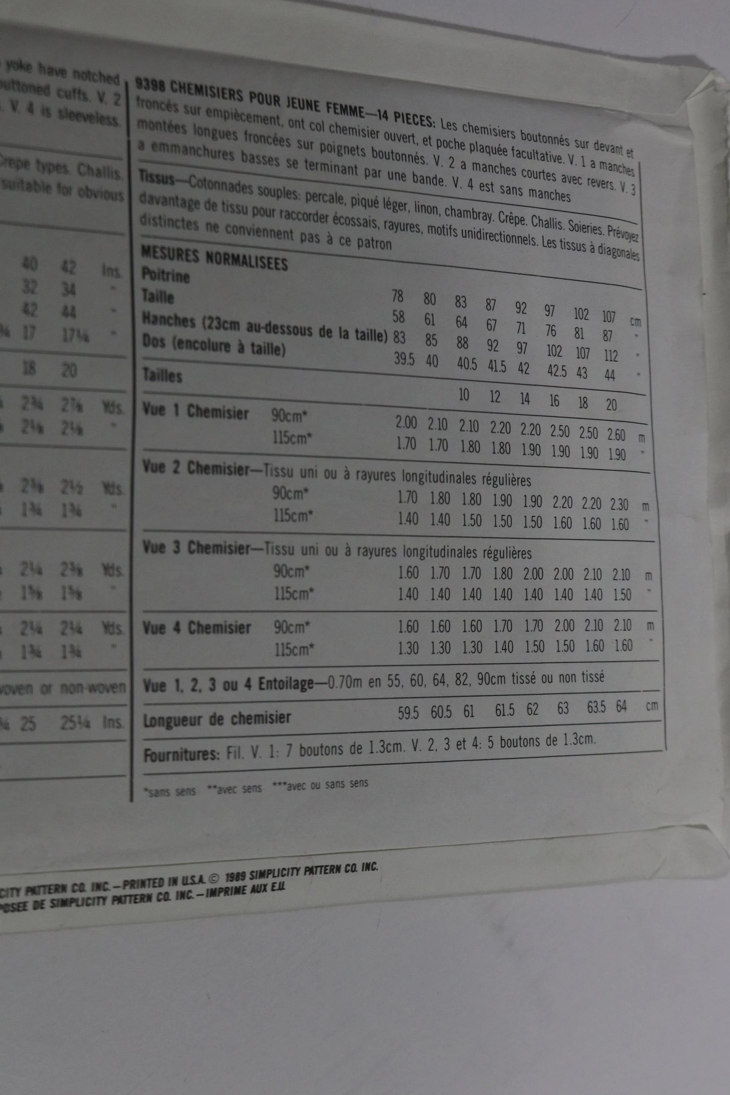 Simplicity 9398 Misses Shirts Sewing Pattern UNCUT  Size 10