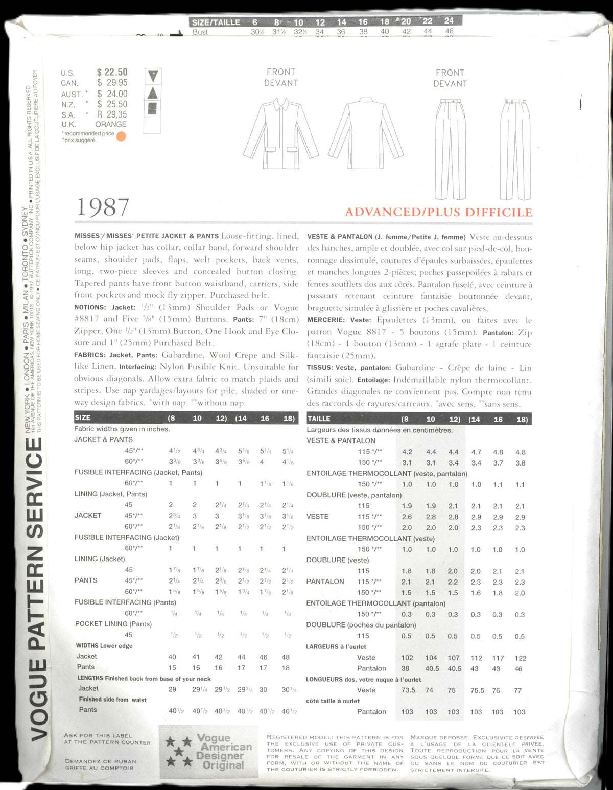 Vogue 1987 Calvin Klein American Designer Misses / Misses Petite Jacket and Pants Sewing Pattern - UNCUT - Size 8 10 12